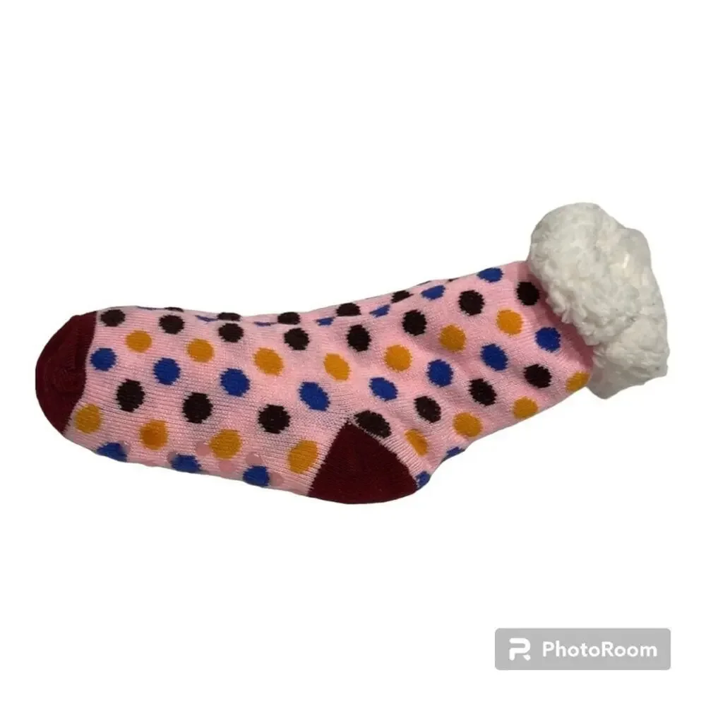 Pink & Burgundy Sherpa Lined Polka Dot Socks Non-Slip Bottoms NEW NWOT Cozy Warm